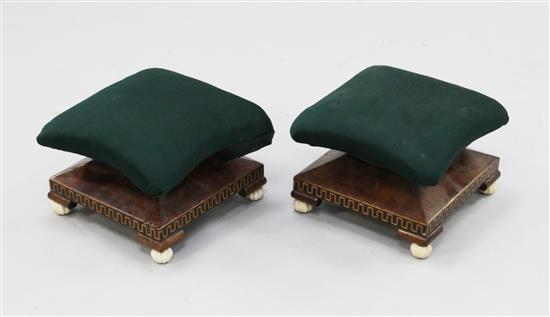 A pair of unusual shaped 19th century figured walnut foot stools, W.11.5in.